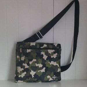 Prada Green Camo Canvas  Messenger Bag with Black Strap.